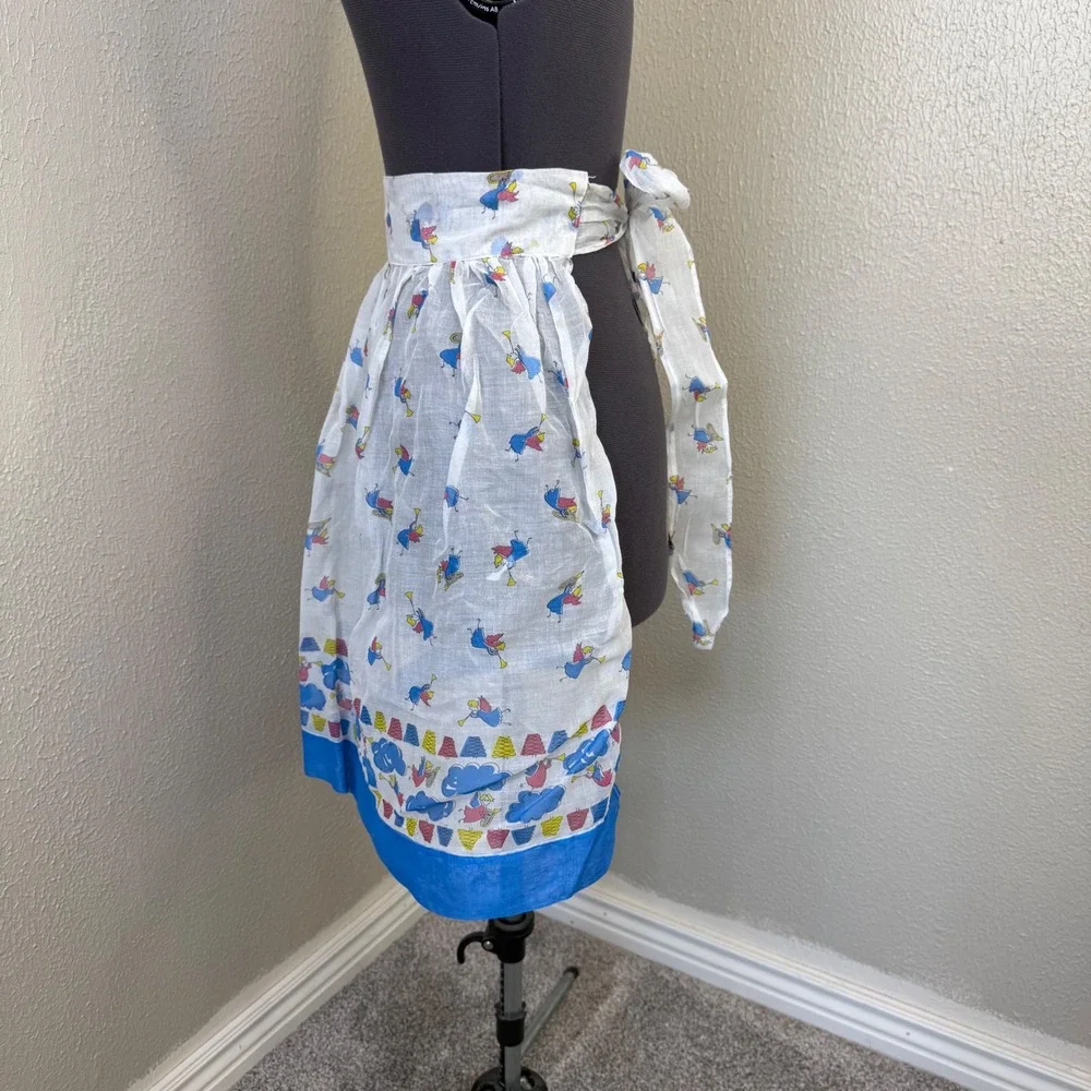 Vintage Angel Novelty Print Half Apron White‎ Blue Sheer Retro Kitchen Pocket